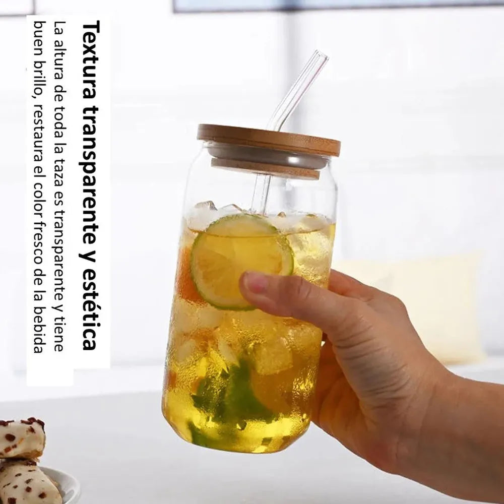 Vaso de Vidrio con Tapa de Bambu y Bombilla de 550ml
