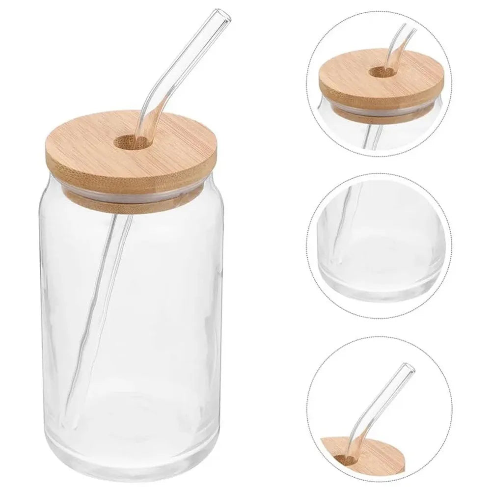 Vaso de Vidrio con Tapa de Bambu y Bombilla de 550ml
