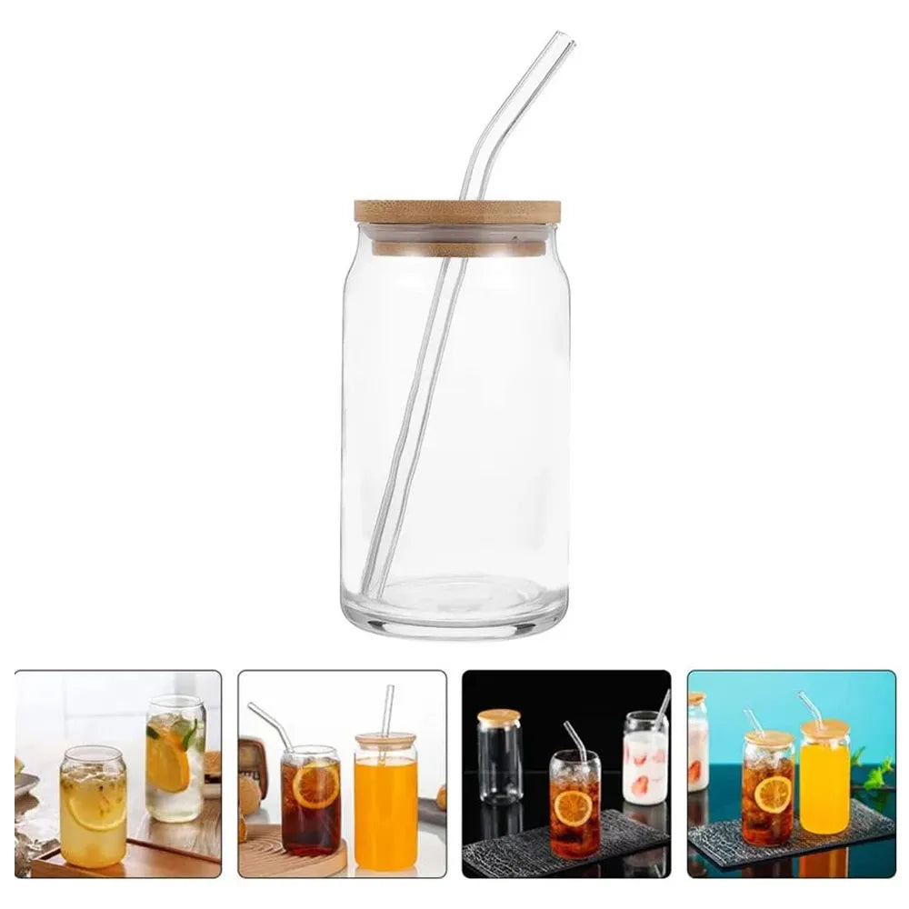 Vaso de Vidrio con Tapa de Bambu y Bombilla de 550ml