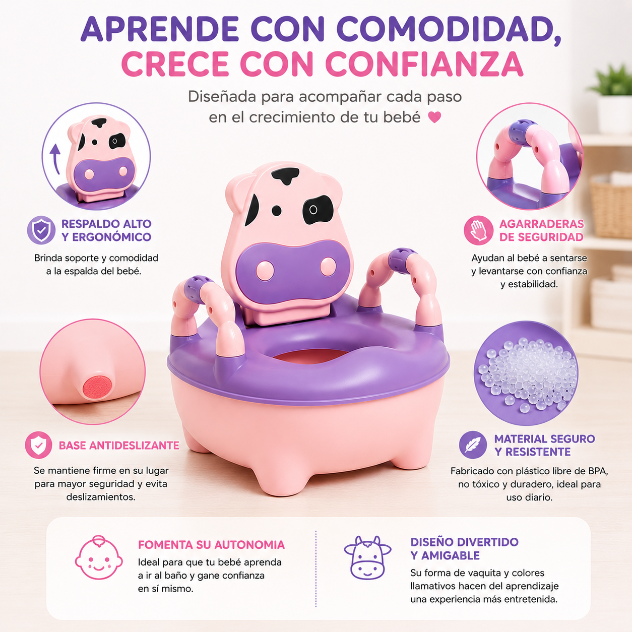 Pelela Bacinica Baño Infantil para Niños/as con Cojín de Vaquita Color Rosa