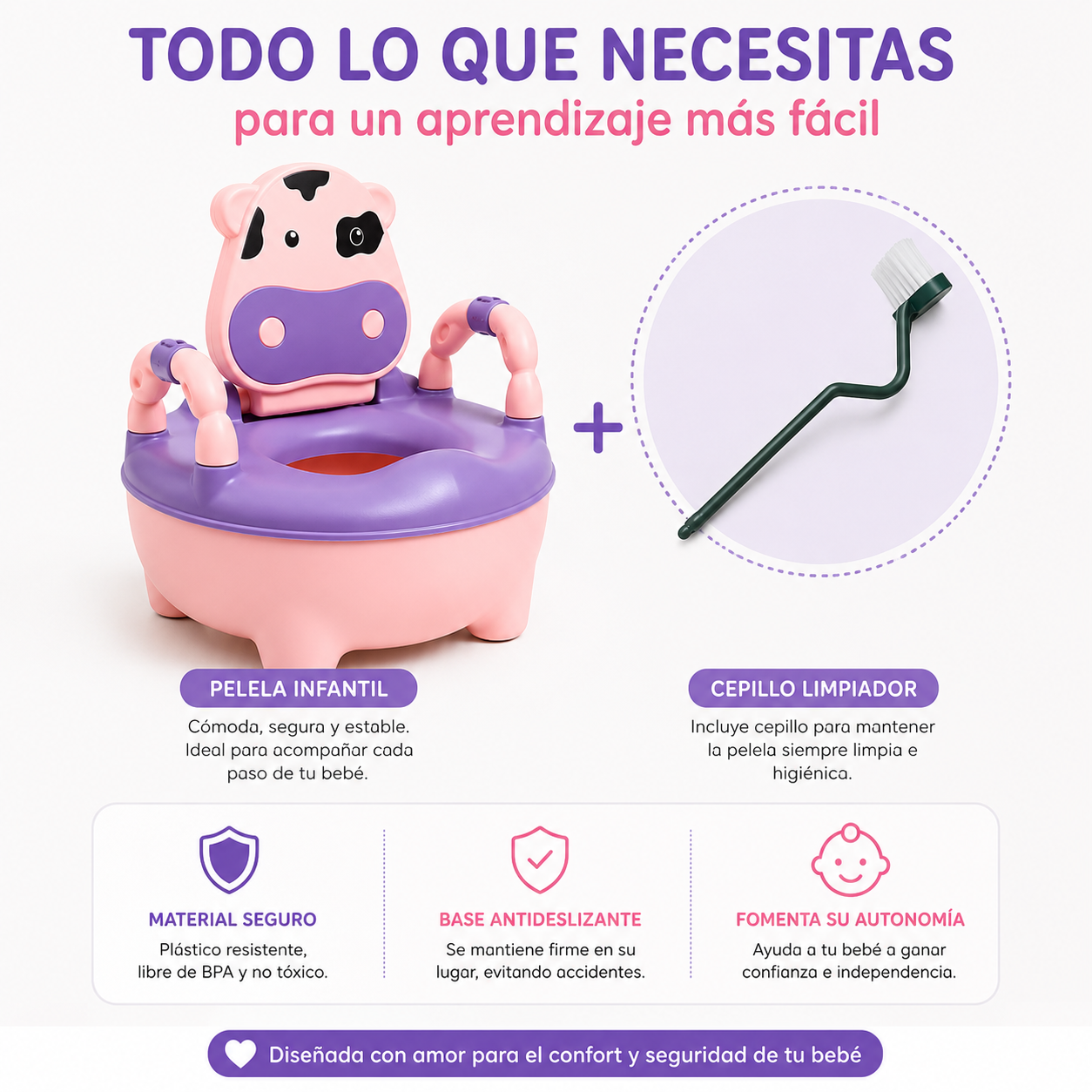 Pelela Bacinica Baño Infantil para Niños/as con Cojín de Vaquita Color Rosa
